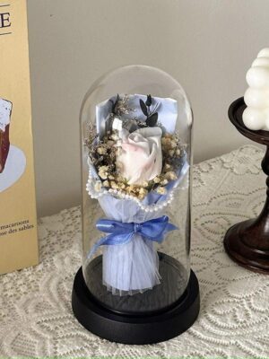 16 Rose Éternelle Blanche Sous Cloche