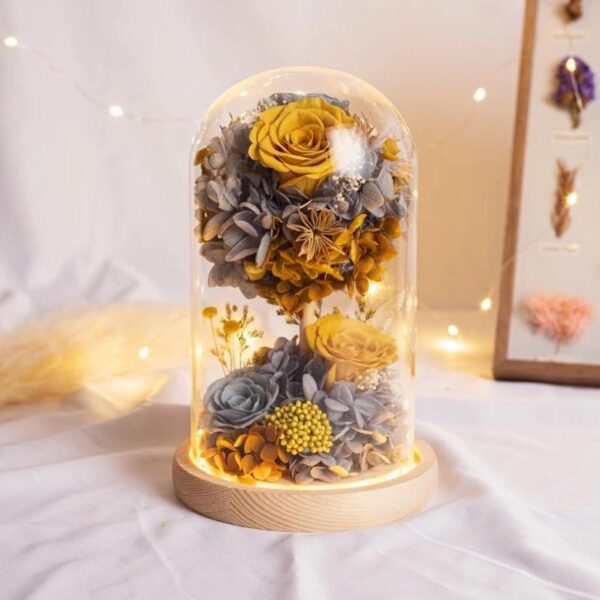 24 Arbre Floral Éternel Jaune Gris Sous Cloche