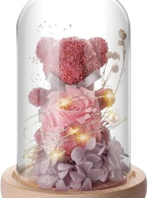Ourson Floral Rose Éternel Sous Cloche