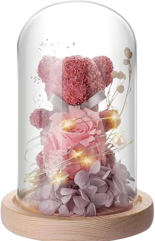 3 Ourson Floral Rose Éternel Sous Cloche