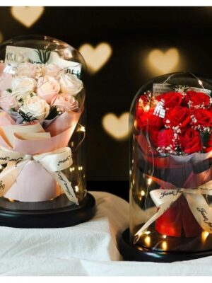 Bouquet de Roses Sous Cloche Lumineuse