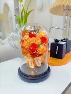 44 Rose Éternelle Orange Lumineuse Sous Cloche