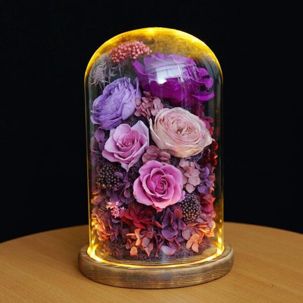 Florale Lumineuse Violet & Rose Sous Cloche