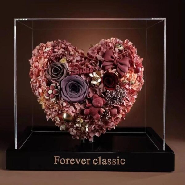 Cœur Floral Éternel Sous Cube Transparent